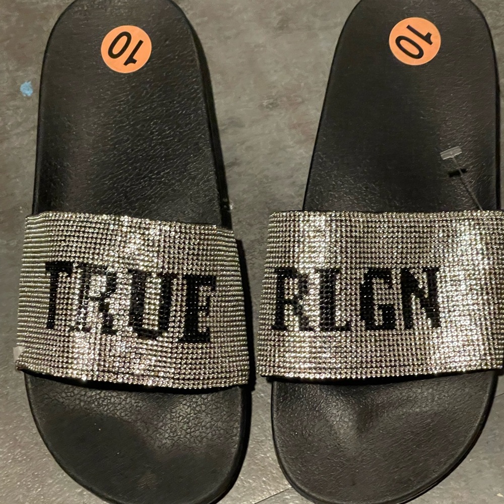 True Religion Women's Black and Silver Rhinestone Slides